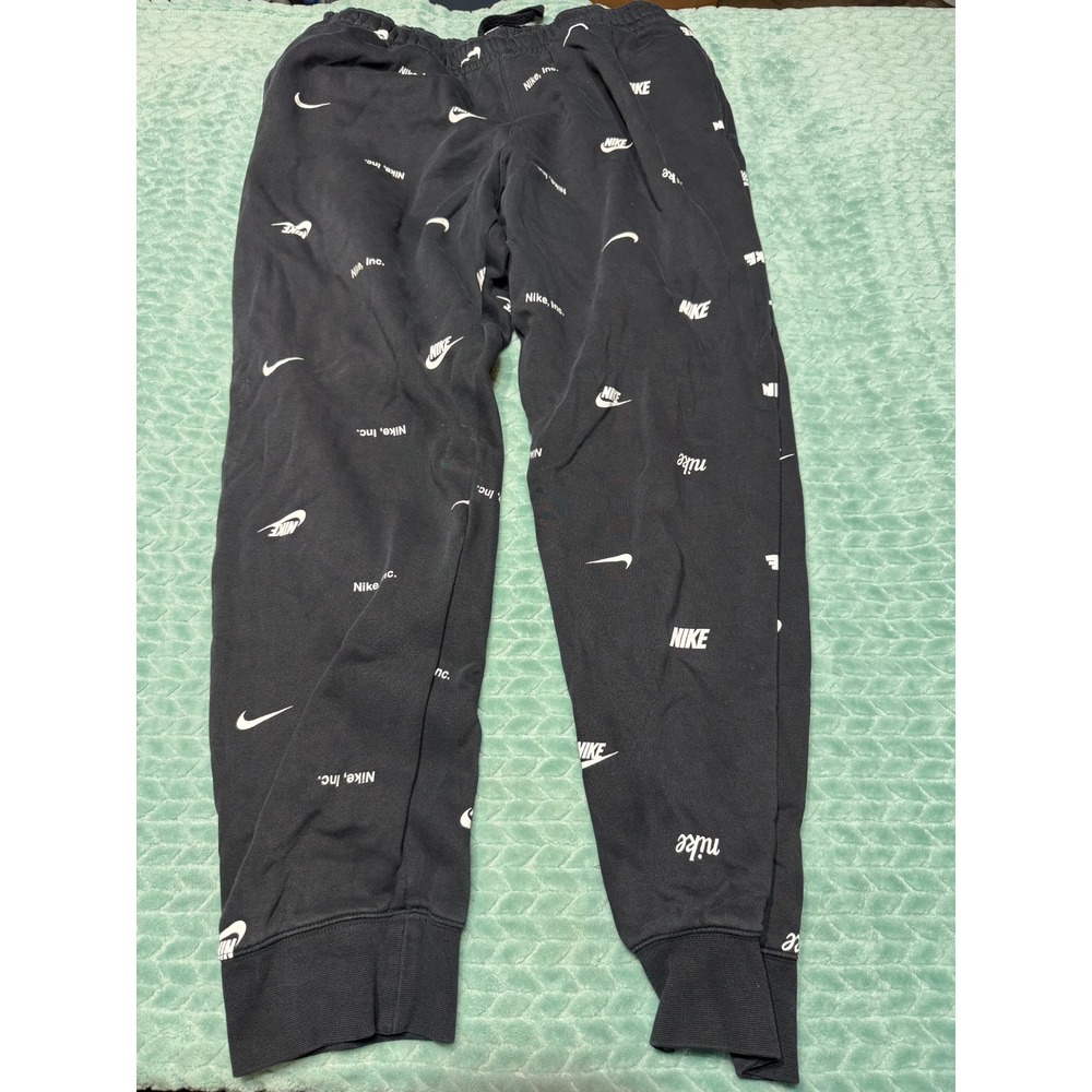 Nike Mens XL Fleece Joggers Black All Over Print Logo Sweatpants Swoosh
